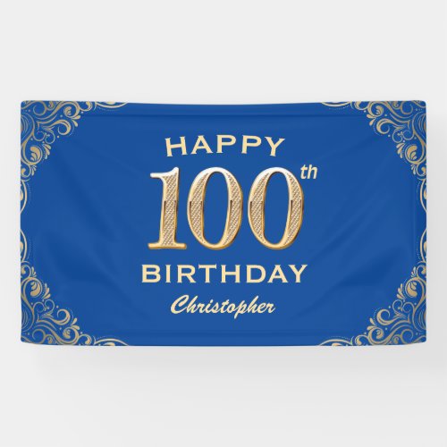 100th Birthday Party Blue and Gold Glitter Frame Banner