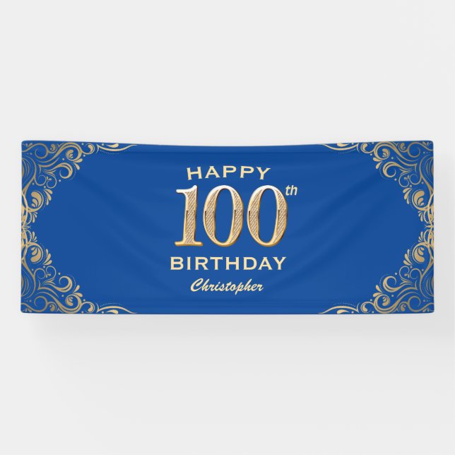 100th Birthday Party Blue and Gold Glitter Frame Banner (Horizontal)
