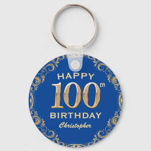 100th Birthday Party Blue and Gold Glitter Frame Keychain