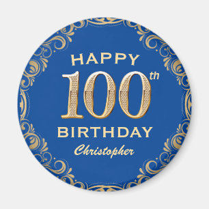 100th Birthday Party Blue and Gold Glitter Frame Magnet