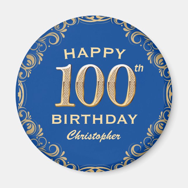 100th Birthday Party Blue and Gold Glitter Frame Magnet (Front)