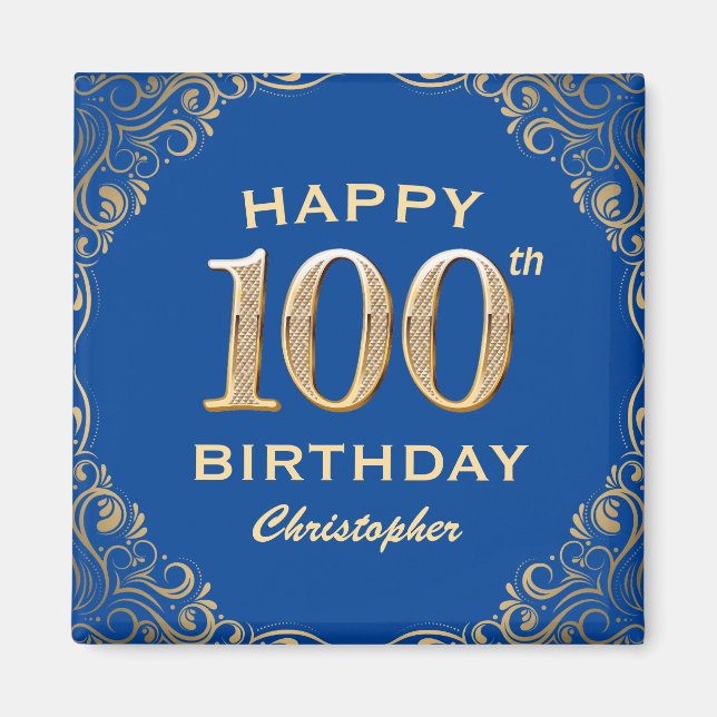100th Birthday Party Blue and Gold Glitter Frame Magnet (Front)