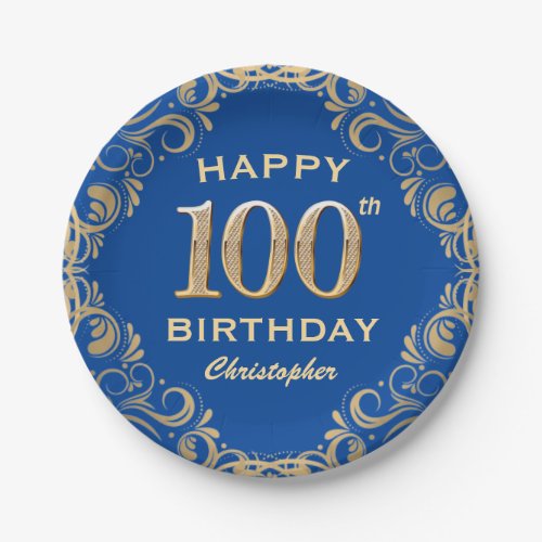 100th Birthday Party Blue and Gold Glitter Frame Paper Plates