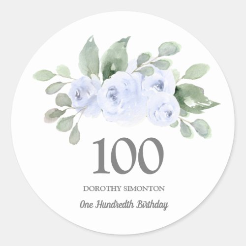 100th Birthday Party Blue Rose Eucalyptus Classic Round Sticker