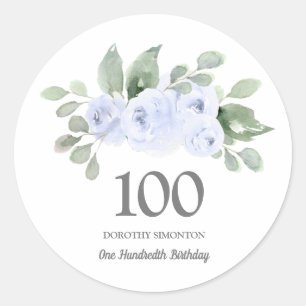 100th Birthday Party Blue Rose Eucalyptus Classic Round Sticker