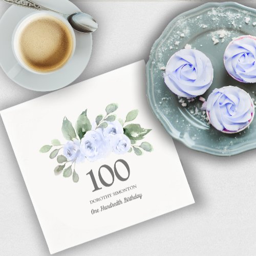 100th Birthday Party Blue Rose Eucalyptus Napkins