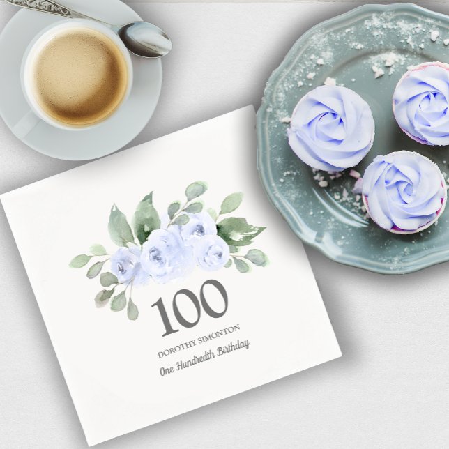 100th Birthday Party Blue Rose Eucalyptus Napkins (Creator Uploaded)