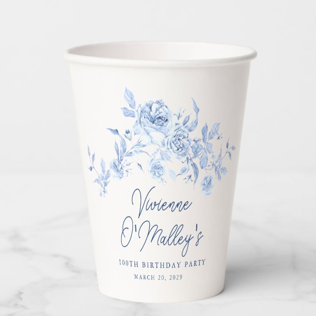 100th Birthday Party Blue Rose Floral Custom Paper Cups (Front)