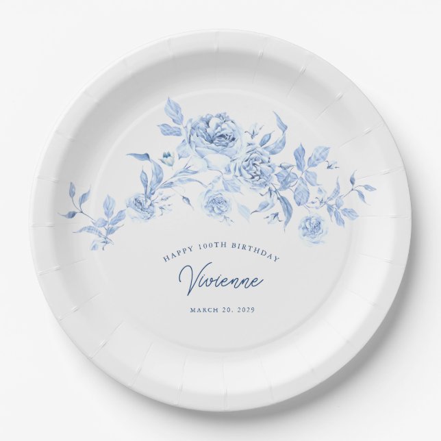 100th Birthday Party Blue Rose Floral Custom Paper Plates (Front)