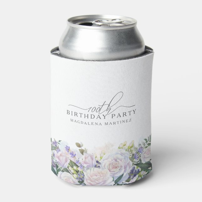 100th Birthday Party Blue White Floral Custom Can Cooler (Can Front)