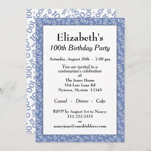 100th Birthday Party BlueWhite Number Pattern Invitation