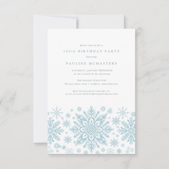 100th Birthday Party Blue White Snowflake Winter Invitation (Front)