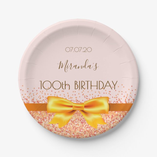 100th birthday party blush rose gold elegant bow paper plates (Front)