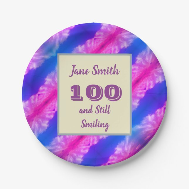 100th Birthday Party Bright Striped Design Paper Plates (Front)