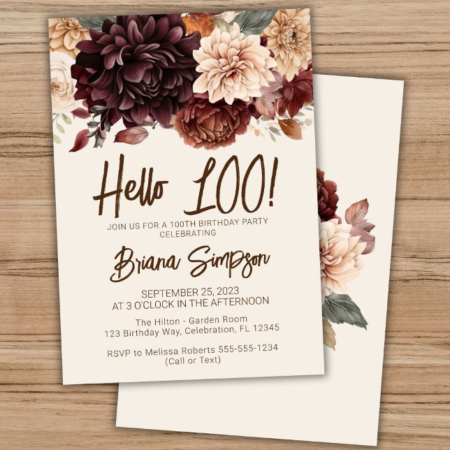 100th Birthday Party Brown Beige Ivory Floral Invitation (Creator Uploaded)