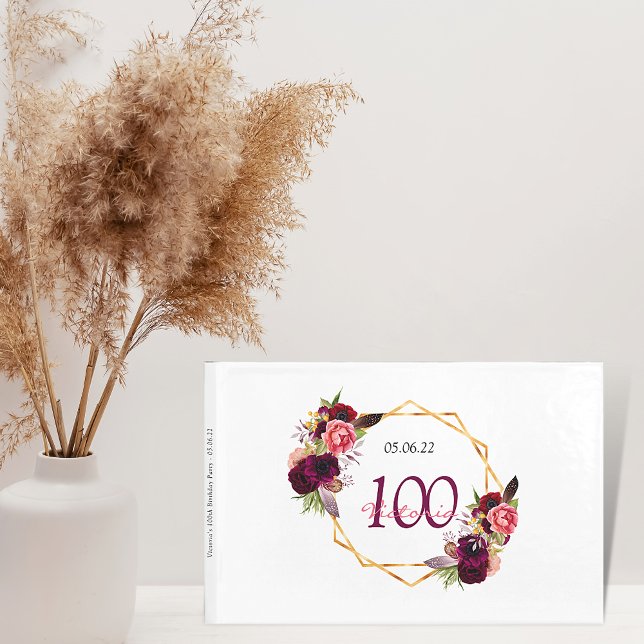 100th birthday party burgundy floral geometric guest book (Creator Uploaded)