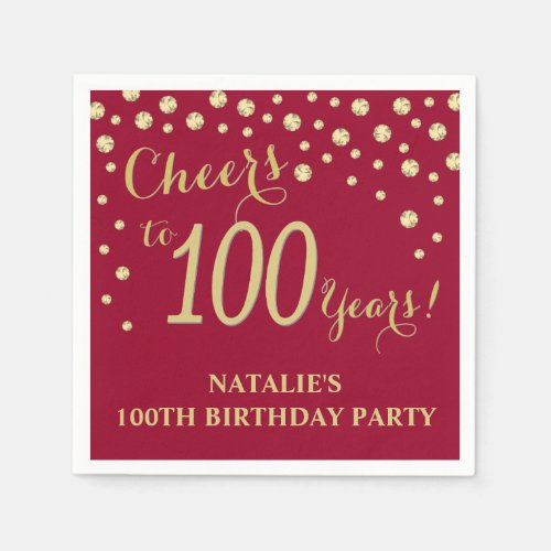 100th Birthday Party Burgundy Red and Gold Diamond Napkins