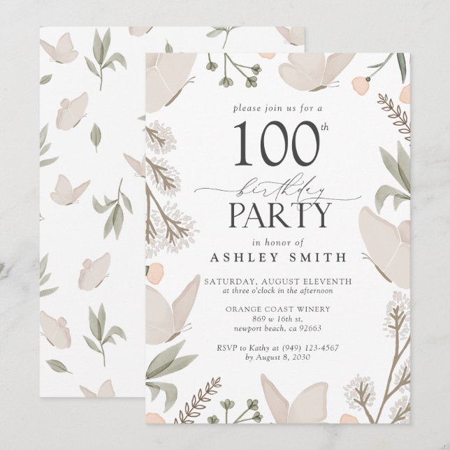 100th Birthday Party Butterflies Floral Neutral Invitation (Front/Back)