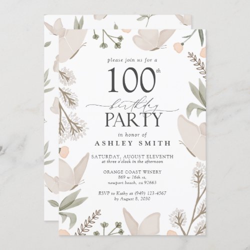 100th Birthday Party Butterflies Floral Neutral Invitation