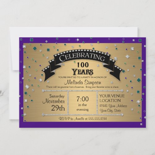 100th Birthday Party Celebrate Faux Jewel Confetti Invitation