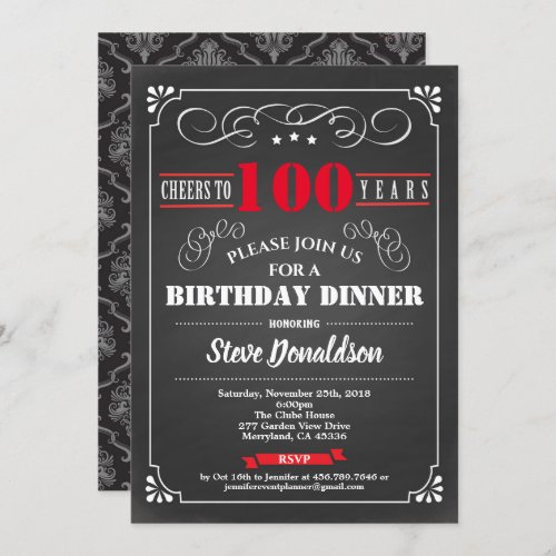 100th birthday party chalkboard retro red black invitation