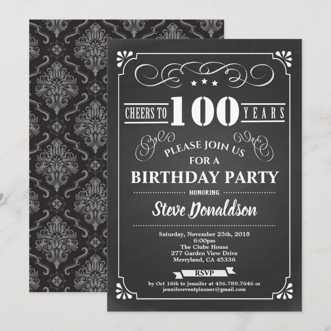 100th birthday party chalkboard retro vintage invitation (Front/Back)