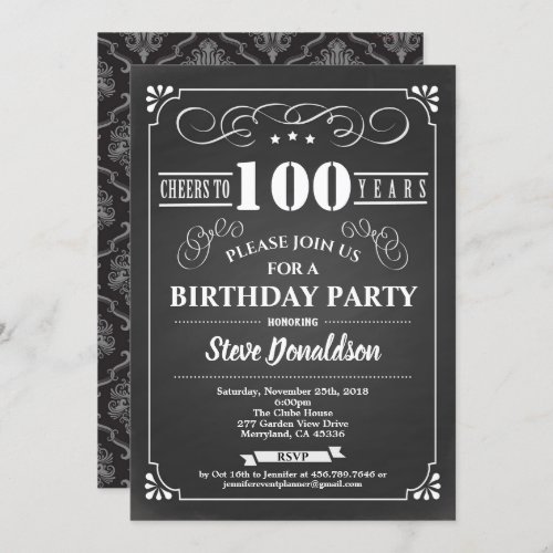 100th birthday party chalkboard retro vintage invitation