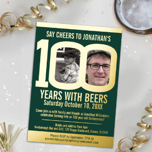 100th Birthday party cheer beers green gold photos Foil Invitation