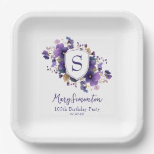 100th Birthday Party Classic Monogram Crest Paper Plates