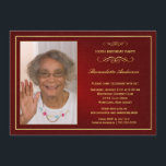 100th Birthday Party Classy Red Gold Photo Invitation<br><div class="desc">Create your own custom 100th Birthday Party Invitations with your photo -- Elegant,  affordable,  and uniquely personalized for you!  Customize the name,  date,  and details for this happy occasion.  **NOTE:  Sized for 5x7 invitation cards.  Other sizes available.   © Teri Francis. Matching postage and thank you cards available.</div>