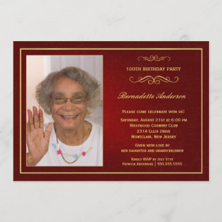 100th Birthday Party Classy Red Gold Photo Invitation