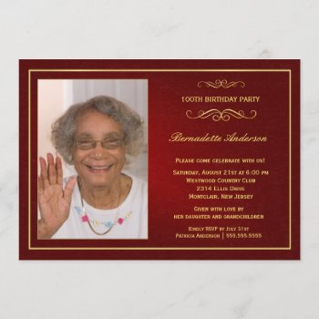 100th Birthday Party Classy Red Gold Photo Invitation by SquirrelHugger at Zazzle