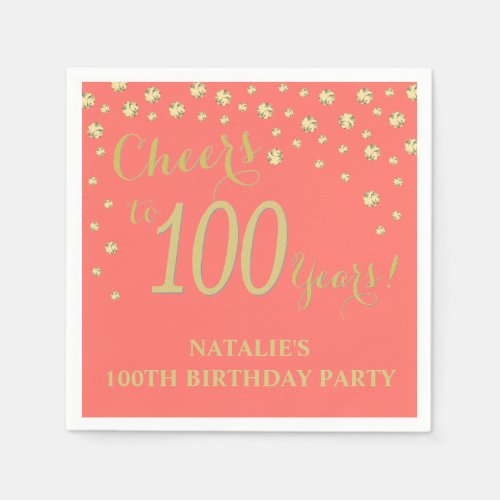 100th Birthday Party Coral and Gold Diamond Napkins
