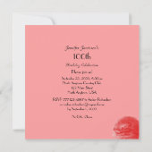 100th Birthday Party Coral Rose, Name, Square Invitation (Back)
