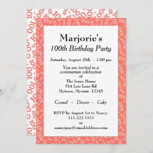 100th Birthday Party Coral/White Number Pattern Invitation