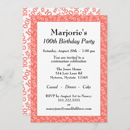 100th Birthday Party CoralWhite Number Pattern Invitation