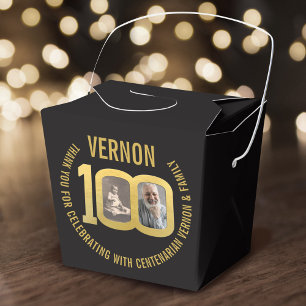 100th Birthday party custom photo favor black gold Boxes