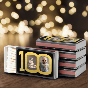 100th Birthday party custom photo favor black gold Matchboxes