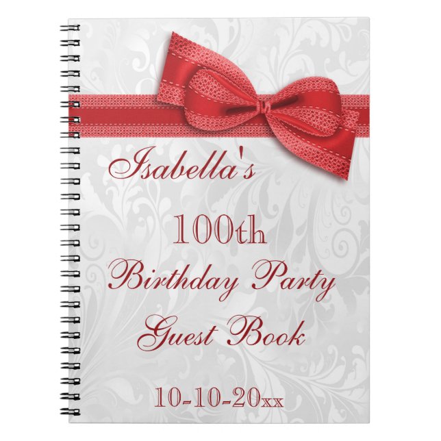 100th Birthday Party Damask and Bow Notebook (Front)