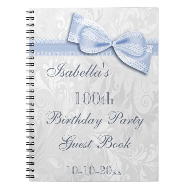 100th Birthday Party Damask and Bow Notebook (Front)