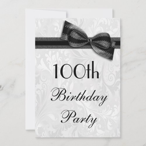 100th Birthday Party Damask and Faux Bow Custom Invitations