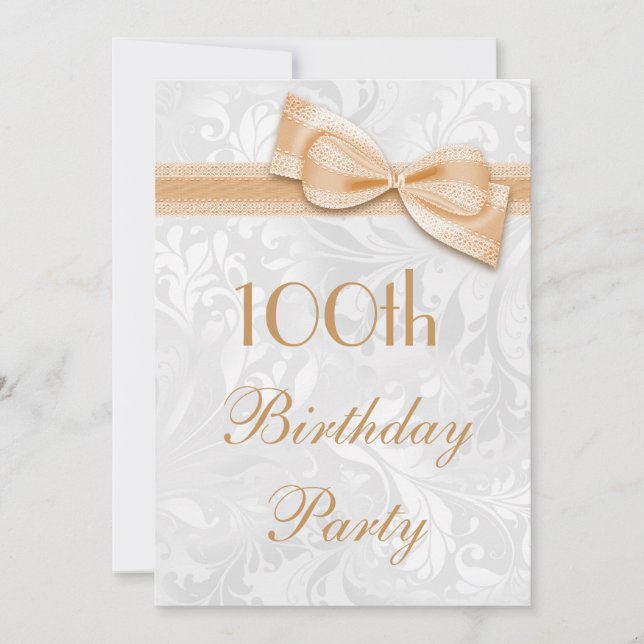 100th Birthday Party Damask and Faux Bow Invitation (Front)