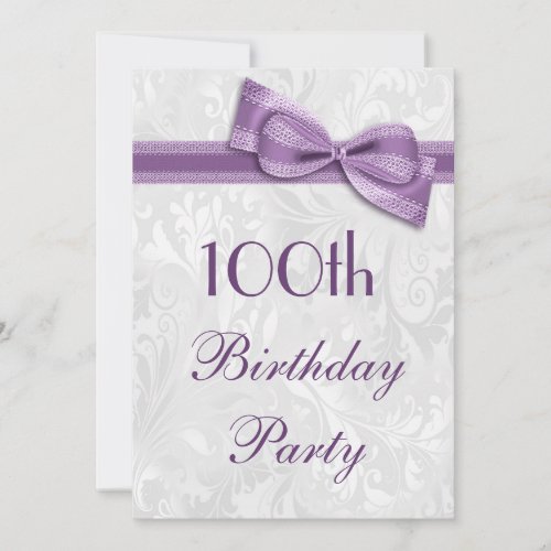 100th Birthday Party Damask and Faux Bow Personalized Invitations