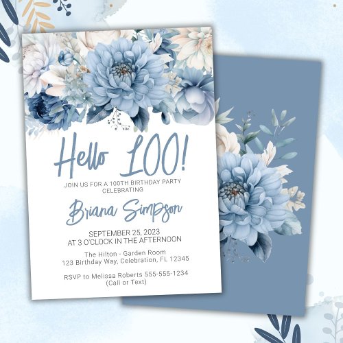 100th Birthday Party Dusty Blue Floral Invitation