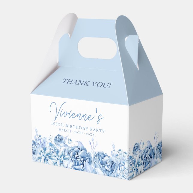100th Birthday Party Dusty Blue Rose Floral Favor Boxes (Front Side)