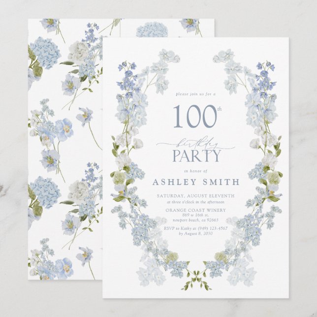 100th Birthday Party Elegant Dusty Blue Floral Invitation (Front/Back)