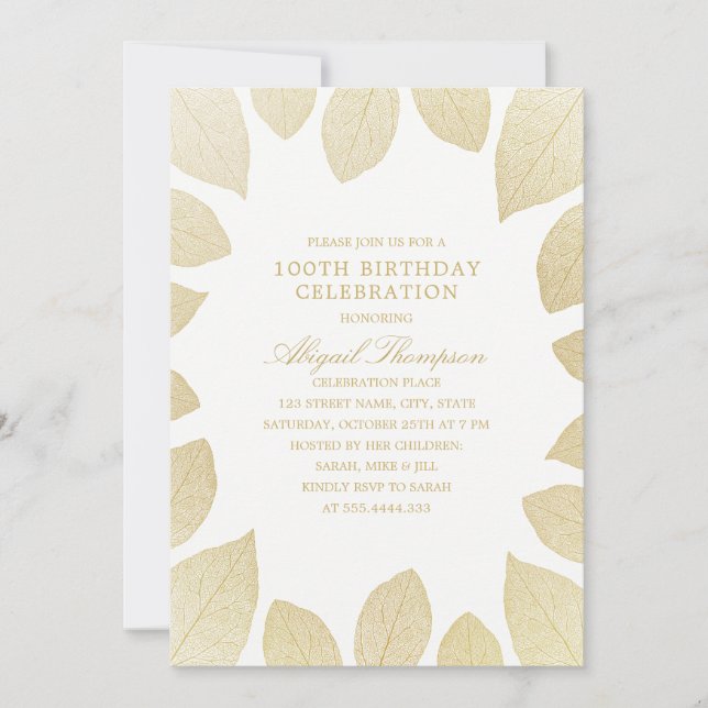 100th Birthday Party Elegant Gold Leaves Invitation (Front)