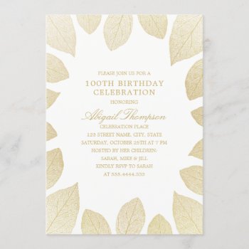 100th Birthday Party Elegant Gold Leaves Invitation by superdazzle at Zazzle