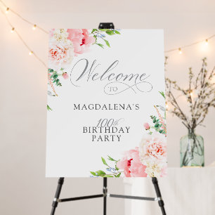 100th Birthday Party Elegant Pink Flower Welcome Foam Board
