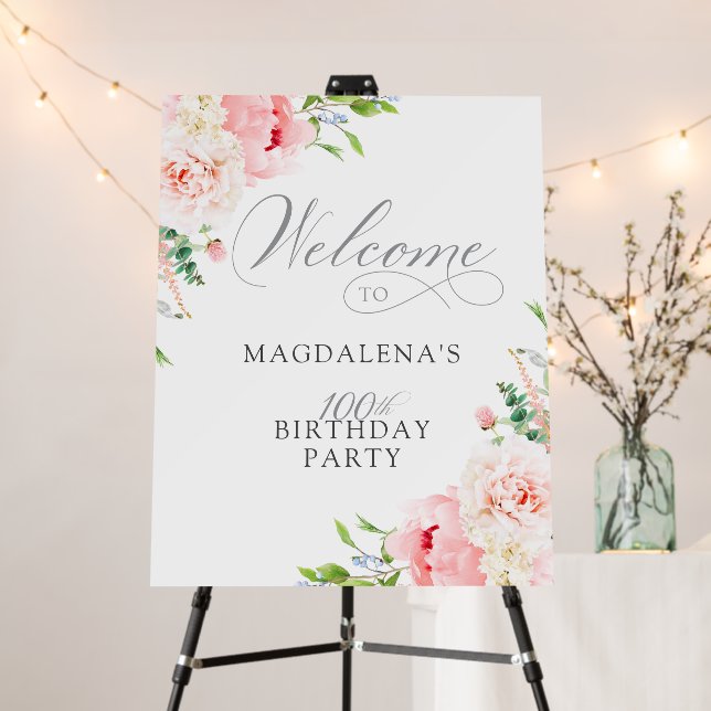 100th Birthday Party Elegant Pink Flower Welcome Foam Board (In Situ (Stand))